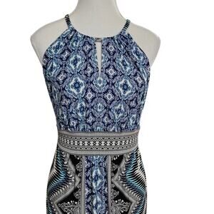 London Times Size 6 Blue Print Keyhole Halter BOHO Print Maxi Dress Sleeveless